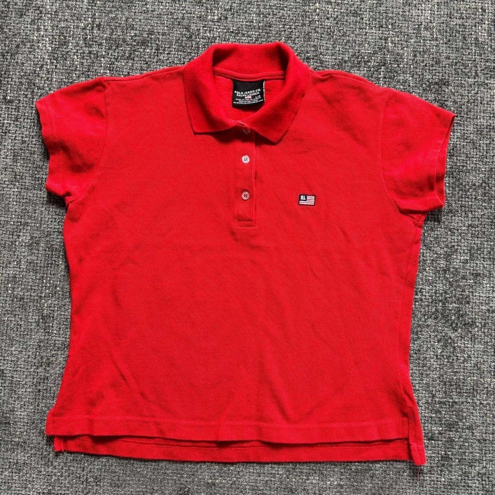 Polo Jeans Co Ralph Lauren Polo Shirt Womens L Red Vintage Flag Patch Cap Sleeve